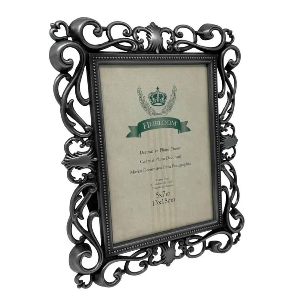 Vintage Ornate Pewter Tone Scroll‎ Photo Frame Heavy Metal Holds 5x7